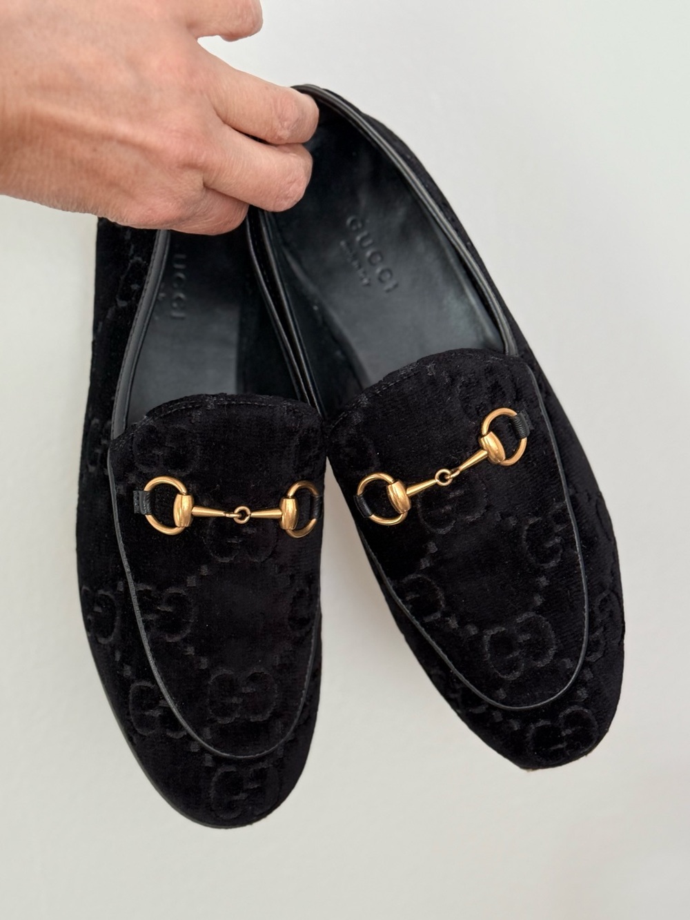 Gucci Jordaan GG Velvet Horsebit Loafers Black Monogram 36.5 / 6.5